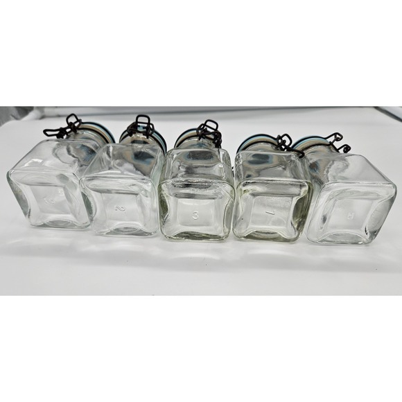 Vintage Set of 5 Small Glass Jars with Light Blue Sunflower Lids Kitchen Storage - Picture 7 of 16